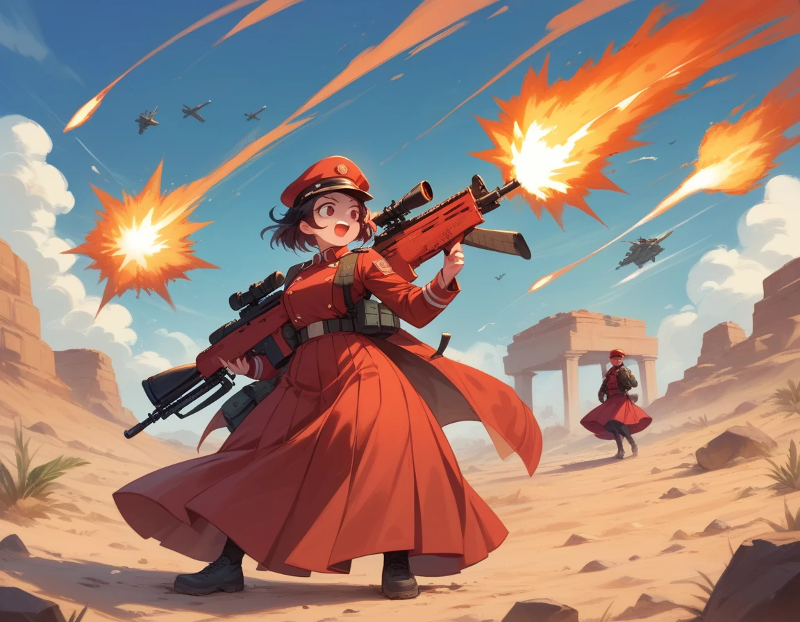 A platoon of girls in bright red military uniforms and long red skirts、A pair of a girl platoon leader and a soldier wearing a red military uniform and a red long skirt and equipped with two assault rifles、desert、A huge explosion on the ground behind