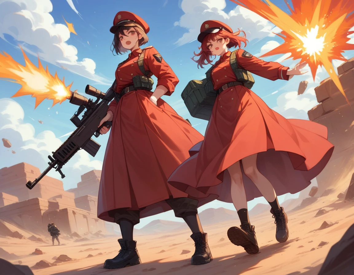 A platoon of girls in bright red military uniforms and long red skirts、A pair of a girl platoon leader and a soldier wearing a red military uniform and a red long skirt and equipped with two assault rifles、desert、A huge explosion on the ground behind