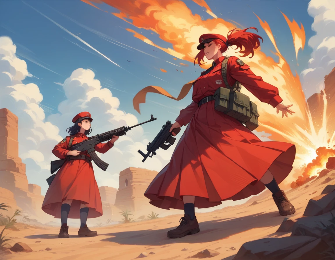 A platoon of girls in bright red military uniforms and long red skirts、A pair of a girl platoon leader and a soldier wearing a red military uniform and a red long skirt and equipped with two assault rifles、desert、A huge explosion on the ground behind