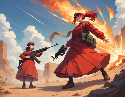 a platoon of girls in bright red military uniforms and long red skirts、a pair of a girl platoon leader and a soldier wearing a r...