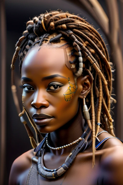 ผู้หญิงแอฟริกัน 1 คน, อายุ 30 ปี, ใบหน้าสวย, เดรดล็อกส์, เกินจริง, ใบหน้าและลำตัวที่มีรายละเอียดเป็นพิเศษ, การแสดงที่สมจริง