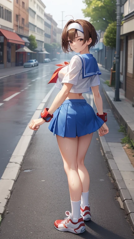 32k, best quality, 1girl, Sakura Kasugano, brown eyes, brown hair, short hair, ankle socks, blue skirt, crop top, headband, midriff, miniskirt, navel, sailor collar, , shoes, short sleeves, skirt, sneakers, socks, stomach, shirt, white shirt, white headband, gloves, Red Gloves,  big breasts, blue miniskirt, Thighs, tits, red panties,   Masterpiece, Best Quality, high resolution, Beautiful detailed eyes, extremely detailed face, good lighting, Detailed CG, messy hair, bright lips, city street, at daytime, Raining, wet clothes, water running through your body,  (wet body 1.9) , ((looking back at the viewer)), Angry , annoyed.