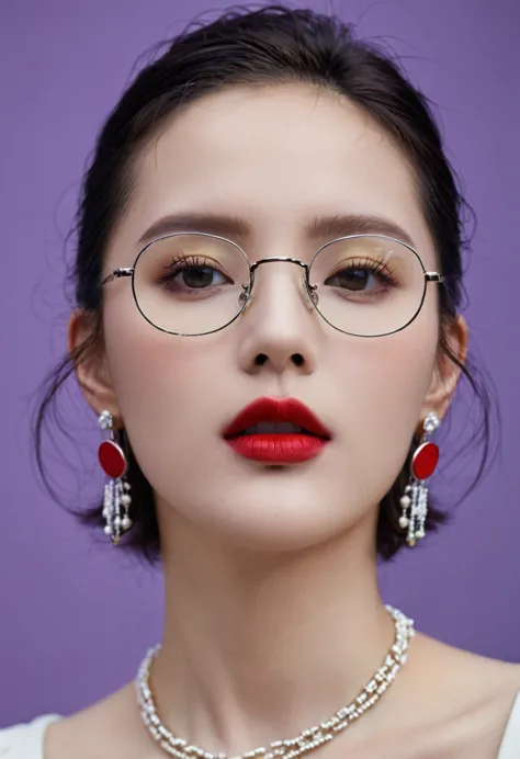 Slightly curly hair, rimless glasses, small spots under the corners of the mouth, / note lilac earrings, slightly closed mouth, ...