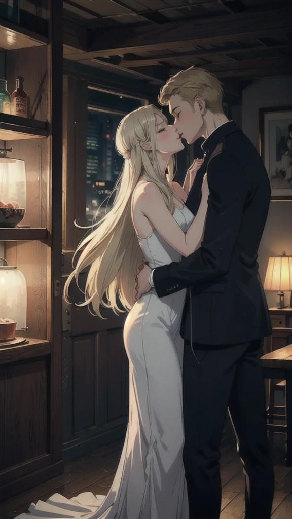 ((best quality)), ((masterpiece)), (detailed), one girl with long blond hair kiss one muscle blond guy, view from side on scene, passionate kiss, cozy atmosphere, cozy lighting, standing poses