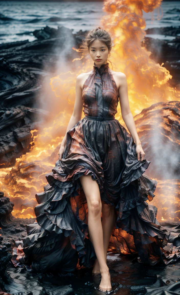 (8K, original photo, best quality,masterpiece:1.2),(actual, Photo-realistic:1.37), 1 girl,long legs, Full body female love,(Lava:1.3),ocean,dress made of roses，volcanic eruption rock flow，infrared photography, 1.4 times more realism，Ultra high quality，Texture skomy correct，Accurate and perfect Korean female face shape，golden ratio)