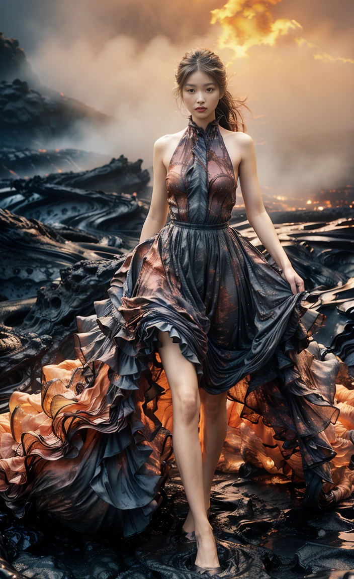 (8K, original photo, best quality,masterpiece:1.2),(actual, Photo-realistic:1.37), 1 girl,long legs, Full body female love,(Lava:1.3),ocean,dress made of roses，volcanic eruption rock flow，infrared photography, 1.4 times more realism，Ultra high quality，Texture skomy correct，Accurate and perfect Korean female face shape，golden ratio)