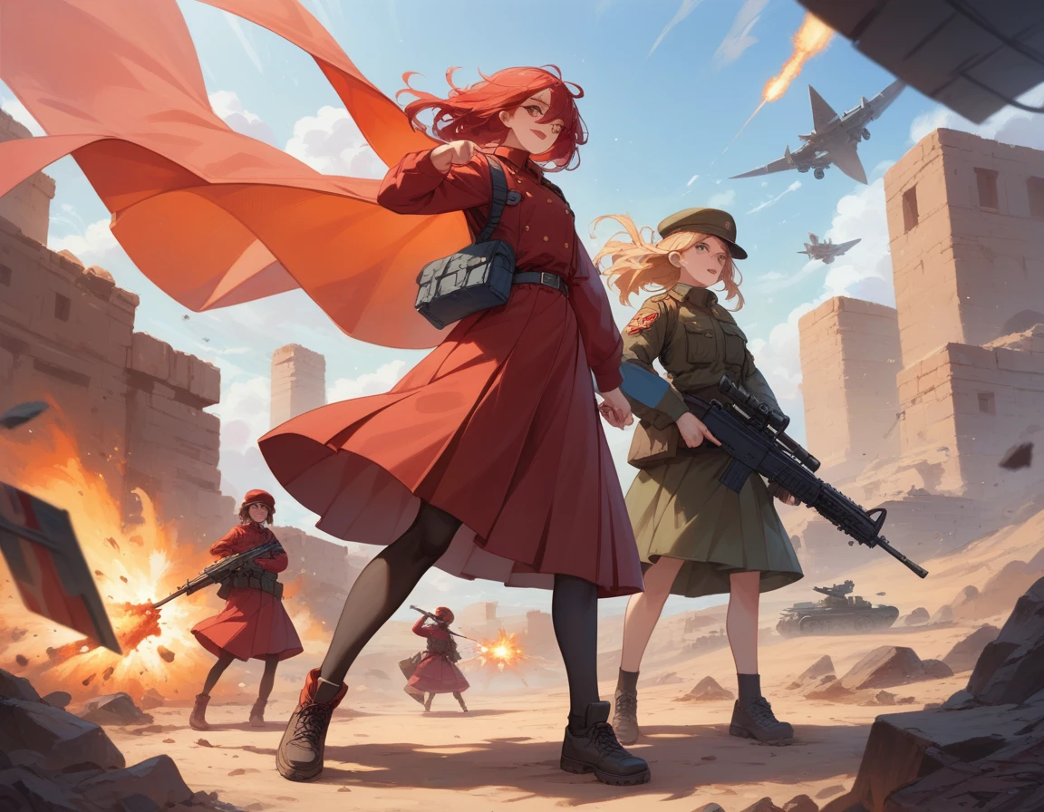 A platoon of girls in bright red military uniforms and long red skirts、A pair of a girl platoon leader and a soldier wearing a red military uniform and a red long skirt and equipped with two assault rifles、desert、A large explosion containing black smoke on the ground behind