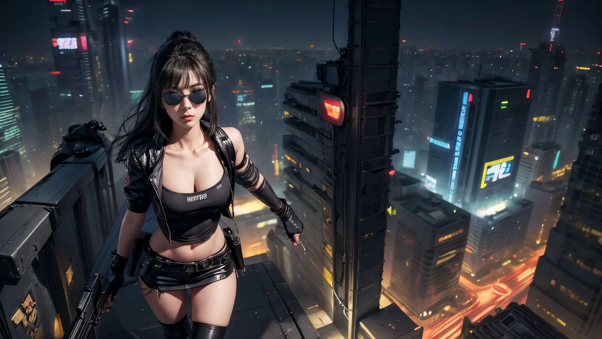 8k, Realistic Skin Texture, Realistic Photo, Neo Tokyo, slim women, large-breast:1.3 cleavage:1.2, AD2050 at night, Dirty hunting jacket, Wearing tube top, miniskirt, (((black sunglasses, automatic rifle, sneakers, cold, shooting pose, very low angle view))), Innovative composition, revenge, cyberpunk, blade runner worldview, Large neon sign, Geisha hologram sign, Strong Wakamoto Sign.