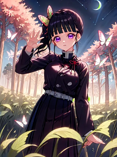 masterpiece, best quality, highres,
kanaodef, 1girl, solo, purple eyes, black hair, long hair, blunt bangs, bangs, hair ornament...