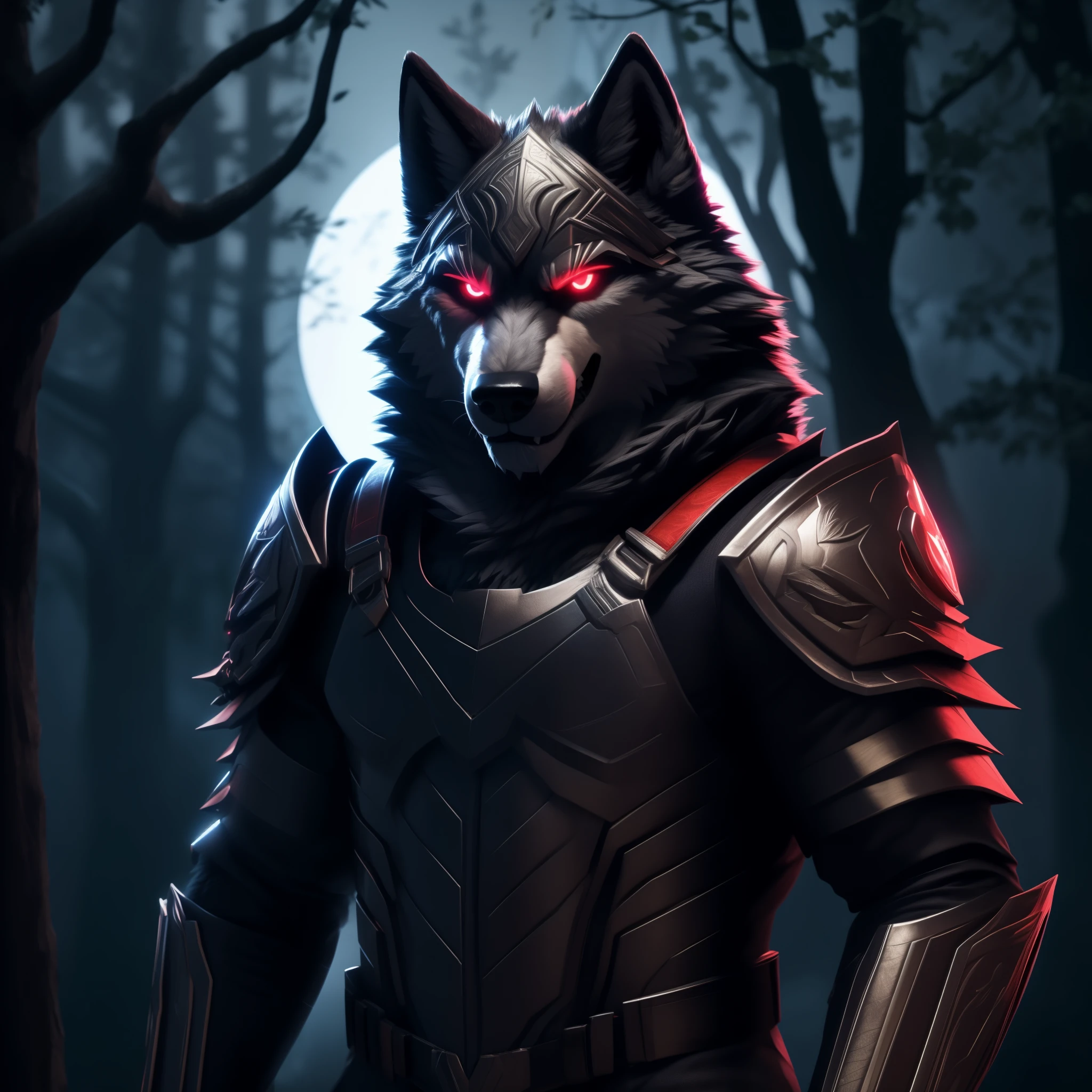 Posing, Male, 30 years old, biting lip smile, suit of gothic armour, bedroom eyes, anthro, wolf ears, (blakck fur:1.5), wolf, forest background at night, 8k, hi res, (best quality, masterpiece), red glowing eyes, (wolf tail:1.5), detailed fur