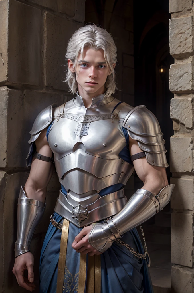 realist, homem com cabelo prateado na altura dos ombros, com a pele pálida como alabastro, olhos azuis metálicos, vestido com roupas medievais modernas, braços nus, com betas de um metal azulado.