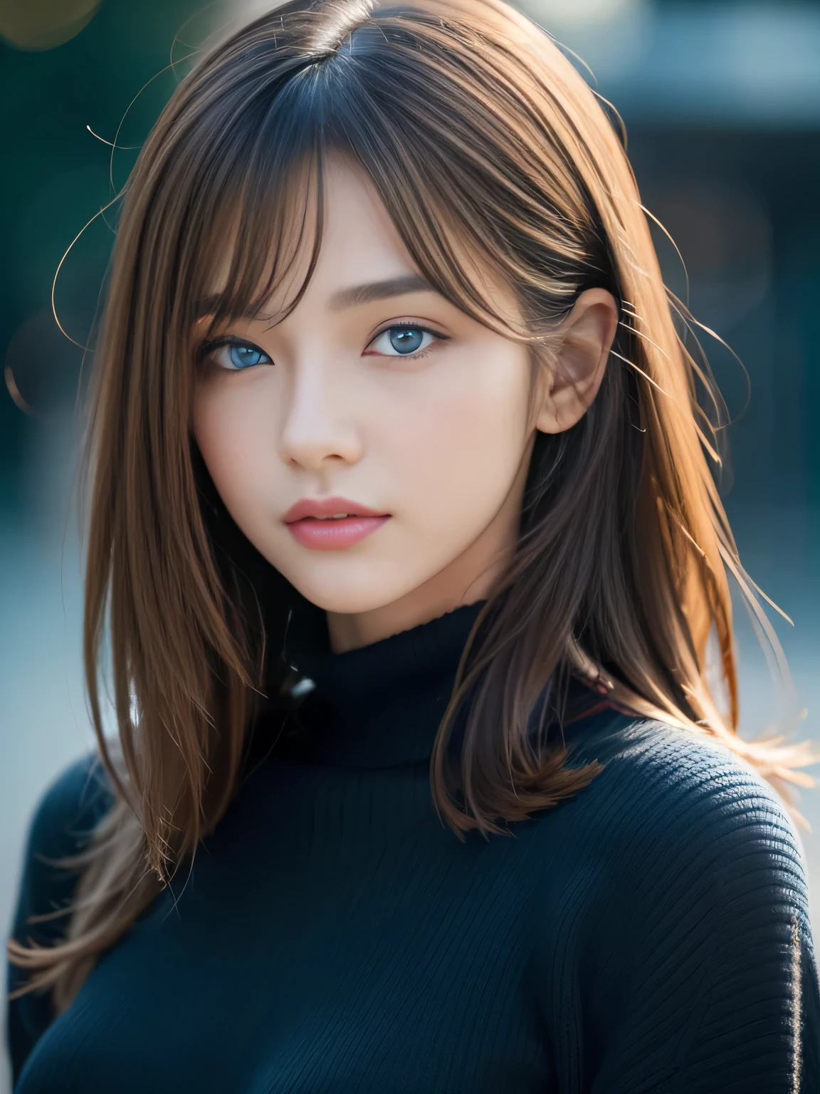 masterpiece, best quality, ultra-detailed, intricately detailed hyperdetailed, realistic, sharp features, highly detailed, sharp focus, (Japanese idol), 19 years old, perfect face, perfect  and delicate Blue eyes, perfect full lips, flexible female form, cinematic, hyper detailed, hyper realistic, high resolution, vibrant, (dark fantasy), ((deep Blue hour)), gloomy shadow, light brown hair, messy hair, small breasts, Black sweater, portrait, head shot,