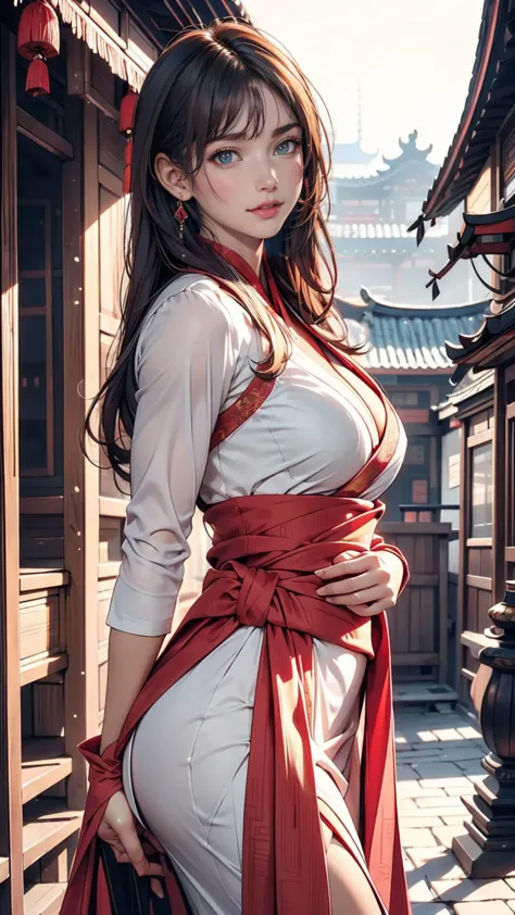 Beautiful girl ,Wearing gorgeous Hanfu, Chinese style building, landscape、Sexy proportions、Sexy、Narrow waist、Bewitching Smile