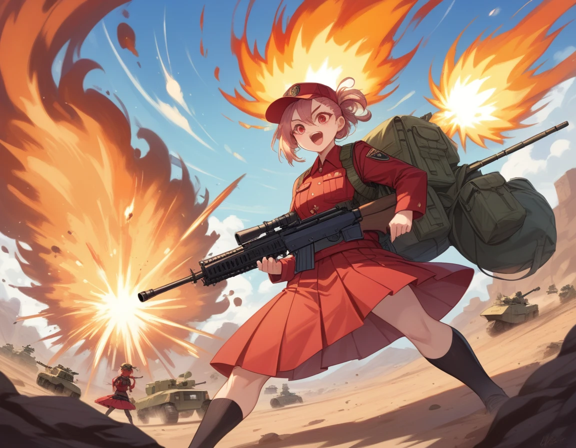 A platoon of girls in bright red military uniforms and long red skirts、A pair of a girl platoon leader and a soldier wearing a red military uniform and a red long skirt and equipped with two assault rifles、desert、Black powder explosion on the ground behind、Big Explosion、A big uproar、Destroy a Tank