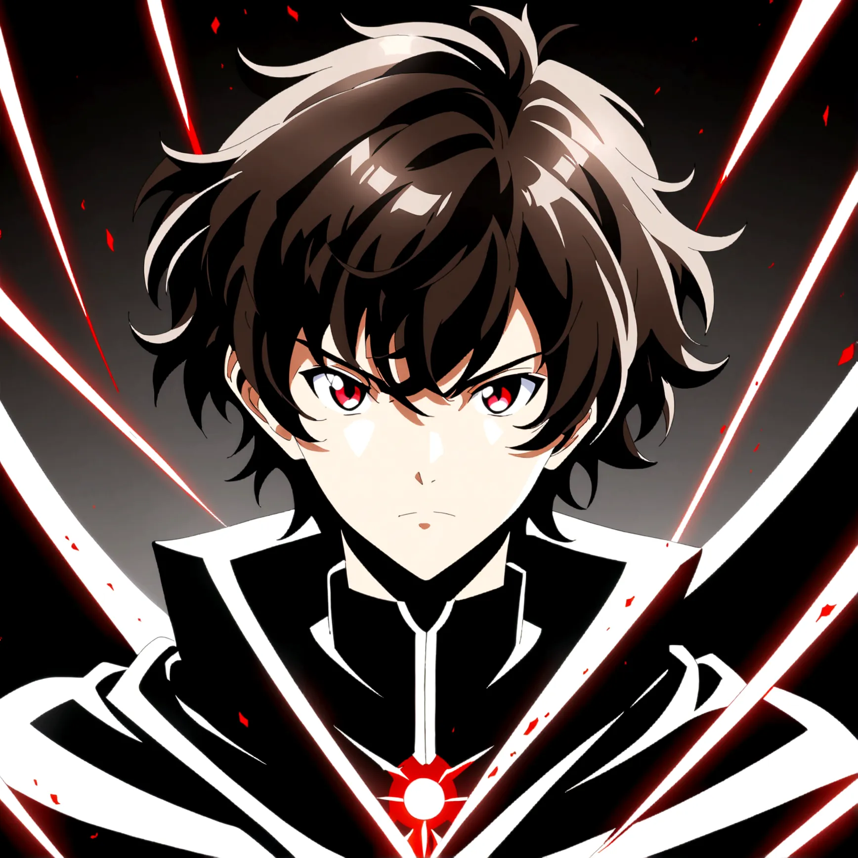 anime style diffusion, upper body, (face to the side 0.3), boy with messy brown hair bright red eyes, (open eyes 0.5), (serious ...