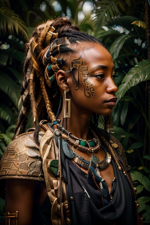 1 mulher africana, 30 anos de idade, cara bonita, Dreadlocks, hiperrealista, rosto e corpo ultra detalhados, representação realista,  fica na selva