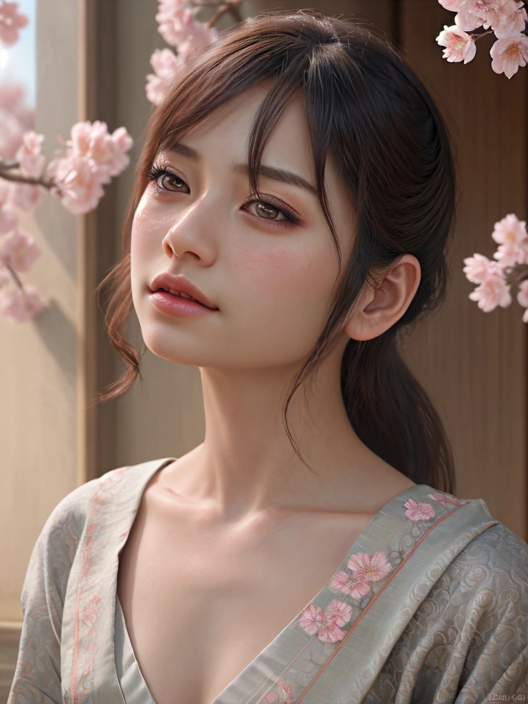 ein ausführliches Porträt von Kanao Tsuyuri aus Demon Slayer, Schöne, detaillierte Augen, schöne detaillierte Lippen, extrem detailliertes Gesicht, lange Wimpern, schönes junges Mädchen, heiterer Ausdruck, aufwendig detailliertes Haar, kunstvoller japanischer Haarschmuck, eleganter verzierter Kimono, detaillierte Blumenmuster, detaillierte Sakura Blütenblätter, Zarte Haut, sanfte Beleuchtung, filmische Beleuchtung, dramatische Beleuchtung, gedämpfte Farbpalette, atmosphärisch, sehr detailliert, Meisterwerk, 8k, Kinoqualität, fotorealistisch, digitale Zeichnung