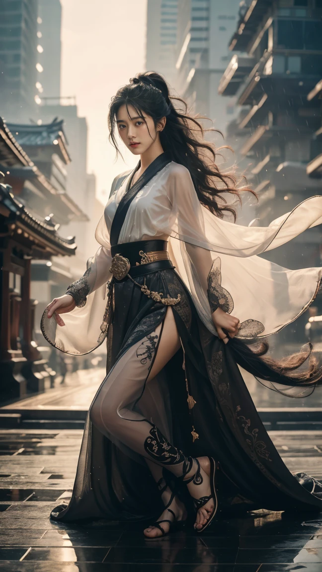 Full Body shot:1.2 1 girls,the most beautiful, Sweet, elegant ,full Body ,Small Breasts ,Rainy day in the background.,cityscape,1 female, beautiful girl, pretty face, Female Samurai, Supermodel, shiny bracelet, beautiful hanfu (Red, transparent),cape, alone, {Beautiful and delicate eyes}, Calm expression, Natural and soft Light, delicate face, a lot of small earringodel pose)), Glamor Body type, (Black neon hair:1.2), Nest, Long-term ponytail, a lot of_Long-term_hair, hair past hip, curly hair, Film particles, Real Hand, masterpiece, best quality, actual, มีรายละเอียดa lot of, Exquisite details, High resolution, Perfect dynamic composition, Beautifully detailed eyes, Smiling eyes, ((Nervous and shy)), sharp focus, full_Body, Sexy pose, cowboy_shoot, samurai girl, 發Light的額頭, Light,