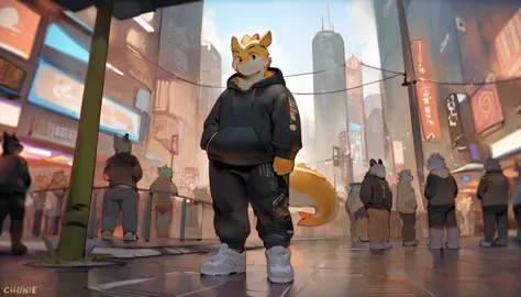 dragon, male, adult,yaoi, doujin, furry, anthro, fat, cyberpunk fashion style, wearing black hoodie, long trousers, sneakers, ou...