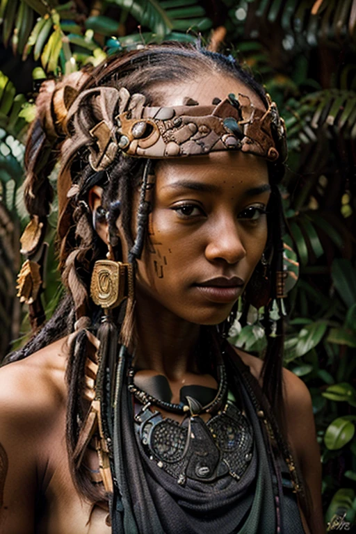 1 African woman, 30 years old, pretty face, dreadlocks, hyperrealistic, ultra detailed face and body, realistic representation,  stands in the jungle