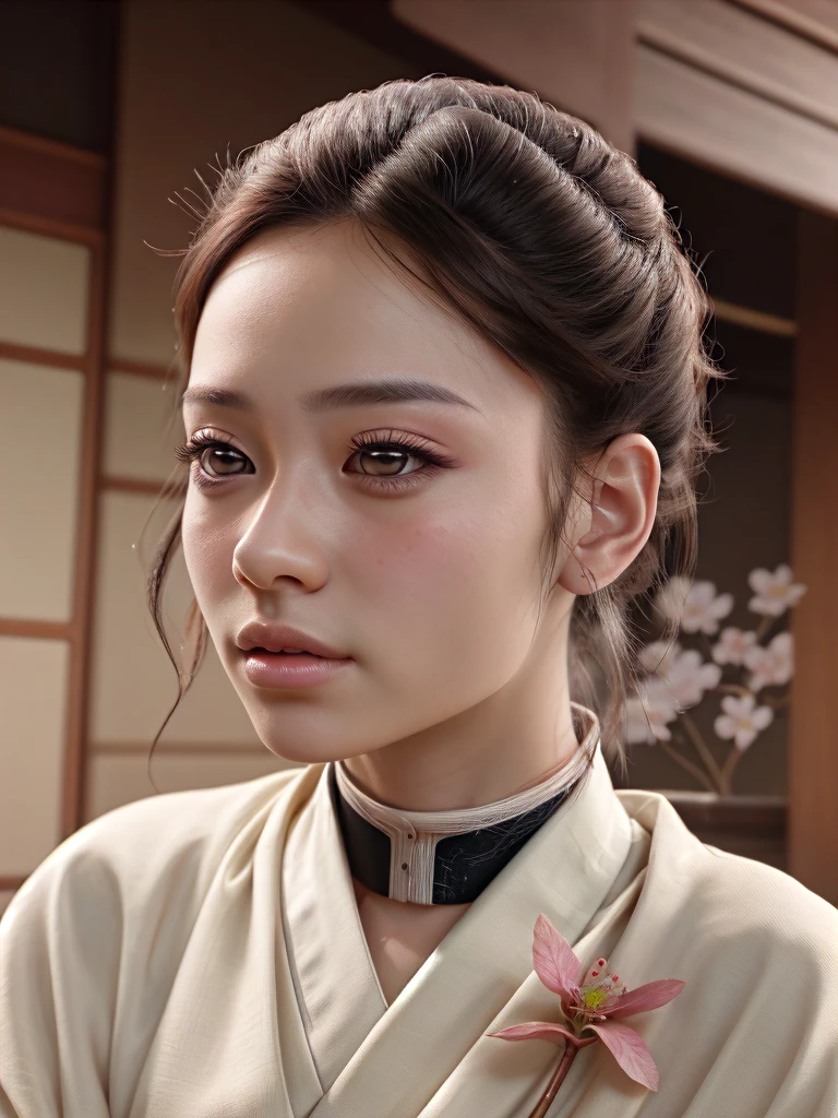 a detailed portrait of Kanao Tsuyuri from Demon Slayer, beautiful detailed eyes, beautiful detailed lips, extremely detailed face, long eyelashes, beautiful young girl, serene expression, intricate detailed hair, ornate japanese hair ornaments, elegant ornate kimono, detailed floral patterns, detailed sakura petals, delicate skin, soft lighting, cinematic lighting, dramatic lighting, muted color palette, atmospheric, highly detailed, masterpiece, 8k, cinematic quality, photorealistic, digital painting