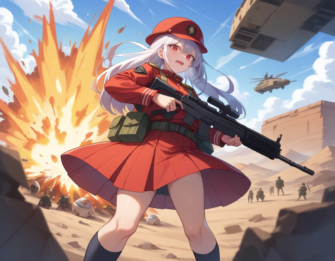 Small breasts、A platoon of girls in bright red military uniforms and long red skirts、Red military uniform and red long skirt、Panty shot、A pair of girl platoon leaders and soldiers equipped with two assault rifles、desert、Black powder explosion on the ground behind、Big Explosion、A big uproar、Destroy a Tank