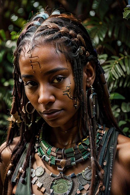 1 African woman, 30 years old, pretty face, dreadlocks, hyperrealistic, ultra detailed face and body, realistic representation,  stands in the jungle