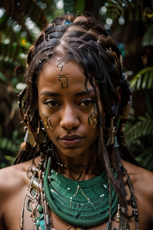 1 femme africaine, 30 ans, joli visage, dreadlocks, hyperréaliste, visage et corps ultra détaillés, représentation réaliste,  se tient dans la jungle