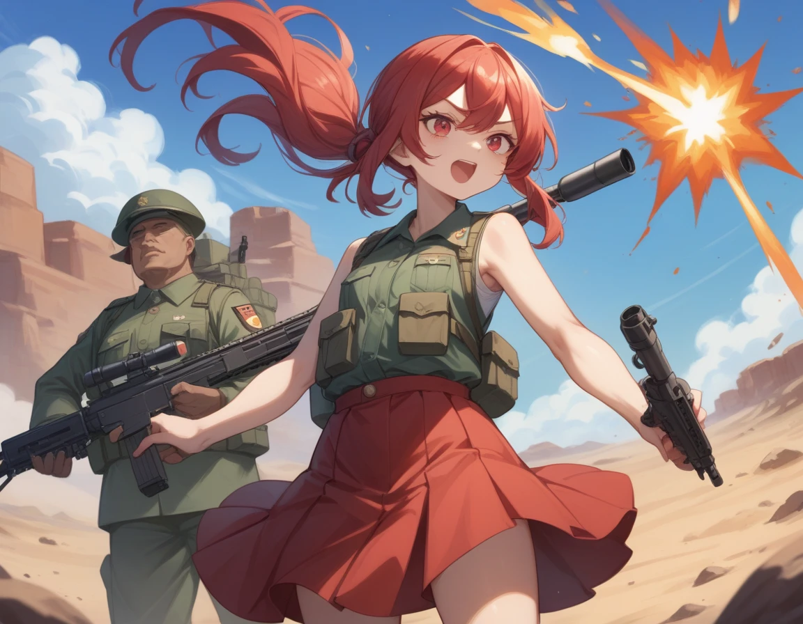 Small breasts、A platoon of girls in bright red military uniforms and long red skirts、Red military uniform and red long skirt、Panty shot、A pair of girl platoon leaders and soldiers equipped with two assault rifles、desert、Black powder explosion on the ground behind、Big Explosion、A big uproar、Destroy a Tank