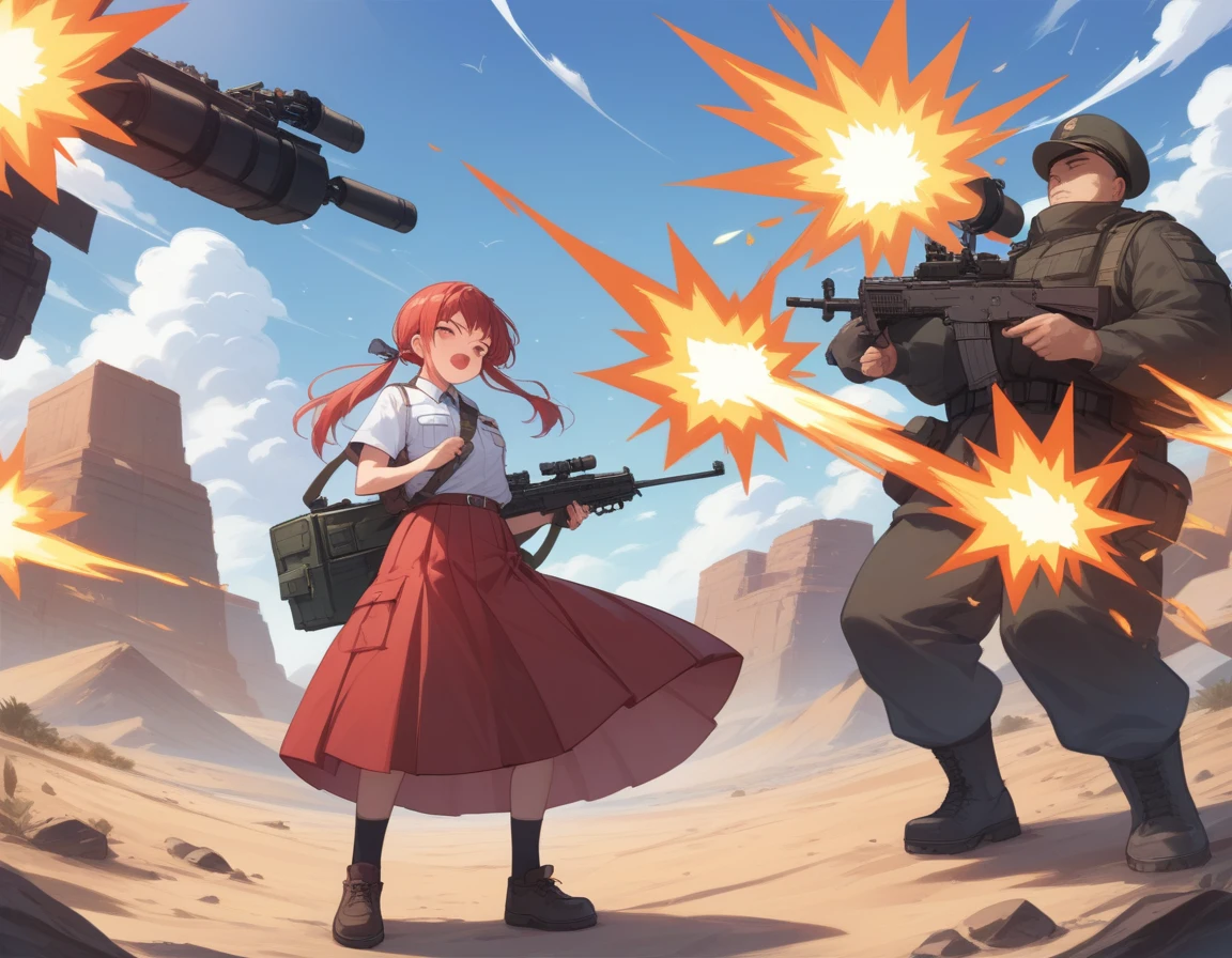 Small breasts、A platoon of girls in bright red military uniforms and long red skirts、Red military uniform and red long skirt、Panty shot、A pair of girl platoon leaders and soldiers equipped with two assault rifles、desert、Black powder explosion on the ground behind、Big Explosion、A big uproar、Destroy a Tank