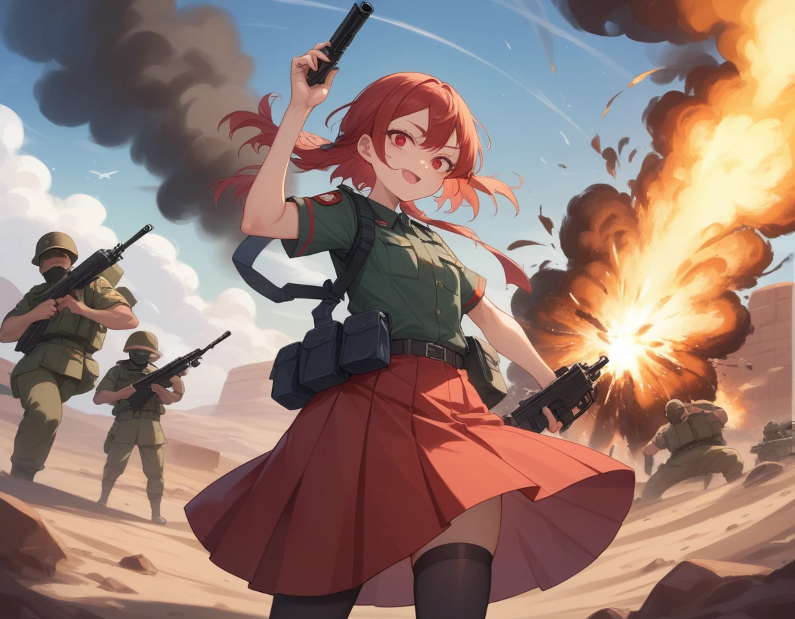 Small breasts、A platoon of girls in bright red military uniforms and long red skirts、Red military uniform and red long skirt、Panty shot、A pair of girl platoon leaders and soldiers equipped with two assault rifles、desert、Black powder explosion on the ground behind、Big Explosion、A big uproar、Destroy a Tank