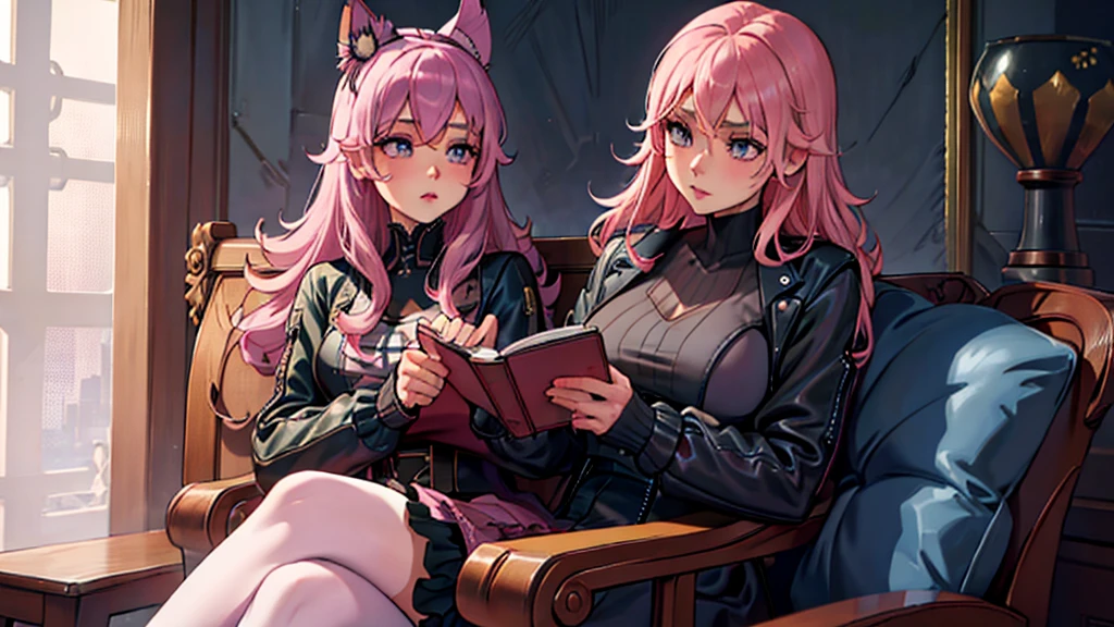 A pink-haired、Violet eyes、Woman with hourglass figure，Wearing a cool leather jacket and gothic lolita dress，Sitting in a comfortable chair reading a book