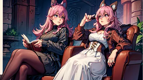 A pink-haired、Violet eyes、Woman with hourglass figure，Wearing a cool leather jacket and gothic lolita dress，Sitting in a comfort...