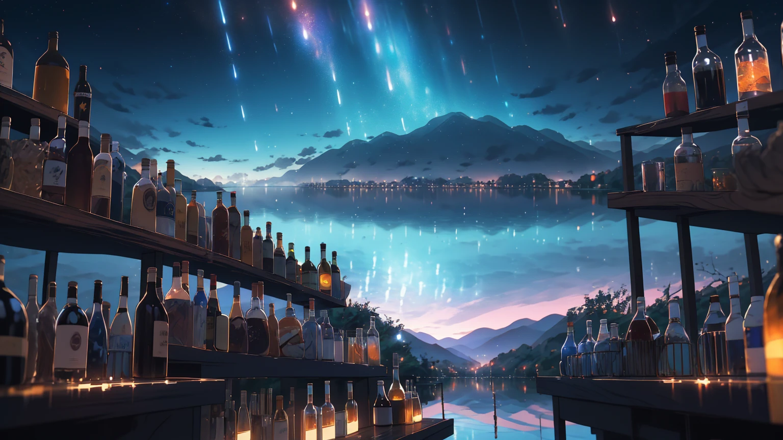 masterpiece, best quality, bottles,  fantasy, bar, cityscape, wide shot, city lights, night sky,  star \(sky\),  starry sky, (bar in the sky:1.2), blurry, (misty lake:1.3), 