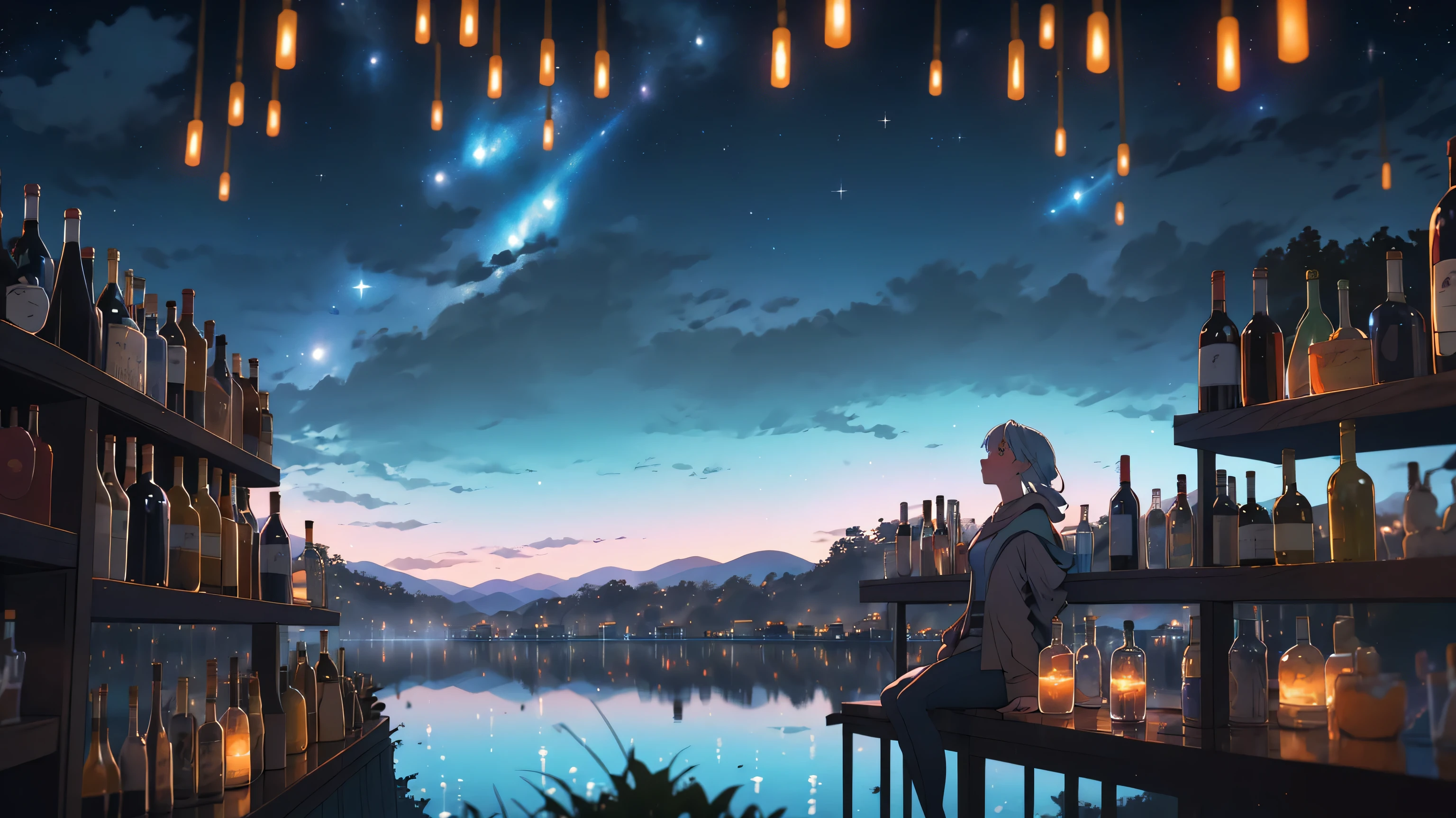 masterpiece, best quality, bottles,  fantasy, bar, cityscape, wide shot, city lights, night sky,  star \(sky\),  starry sky, (bar in the sky:1.2), blurry, (misty lake:1.3), 