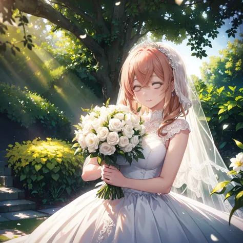 a beautiful bride in a lush garden, white wedding dress, holding bouquet, surrounded by flowers, sunlight, serene expression, el...