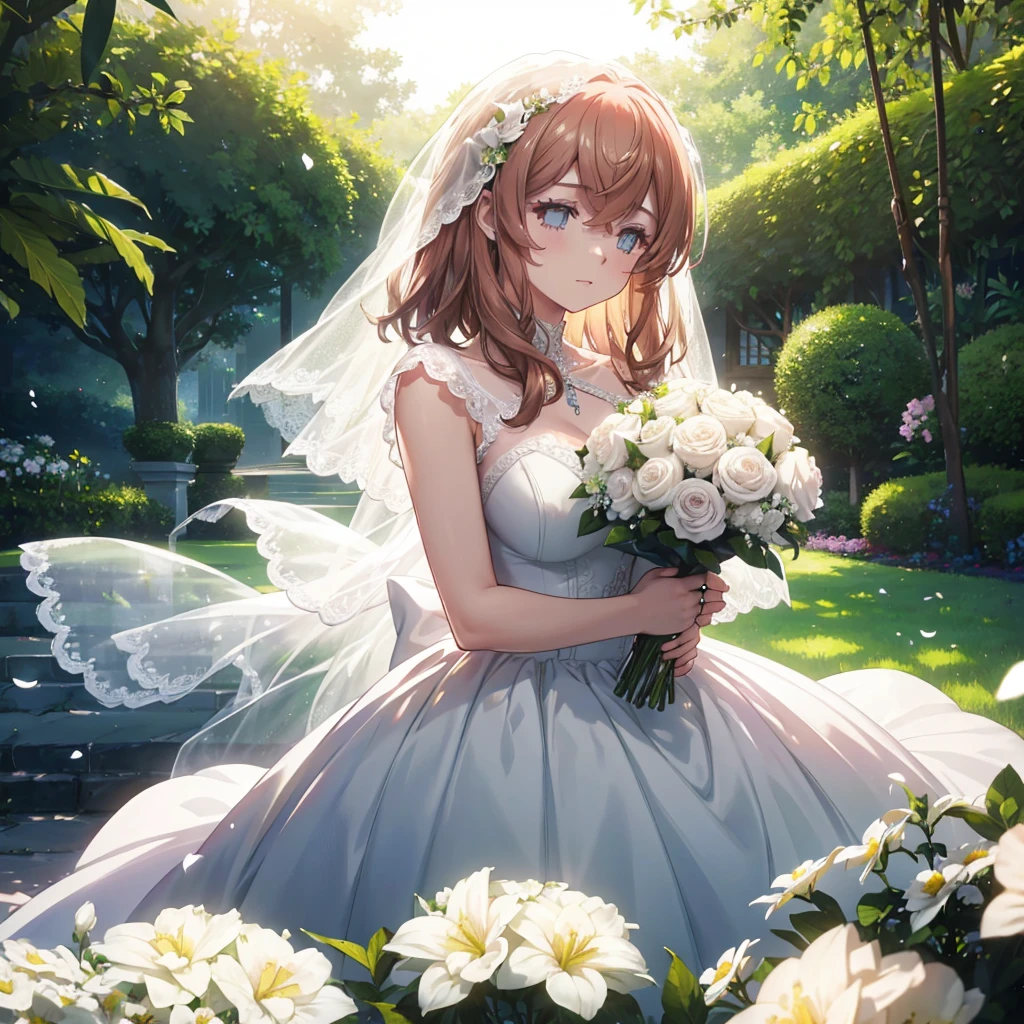 A beautiful bride in a lush garden, white wedding dress, holding bouquet, surrounded by flowers, sunlight, serene expression, elegant pose, soft lighting, photorealistic, intricate detail, cinematic composition, warm color palette