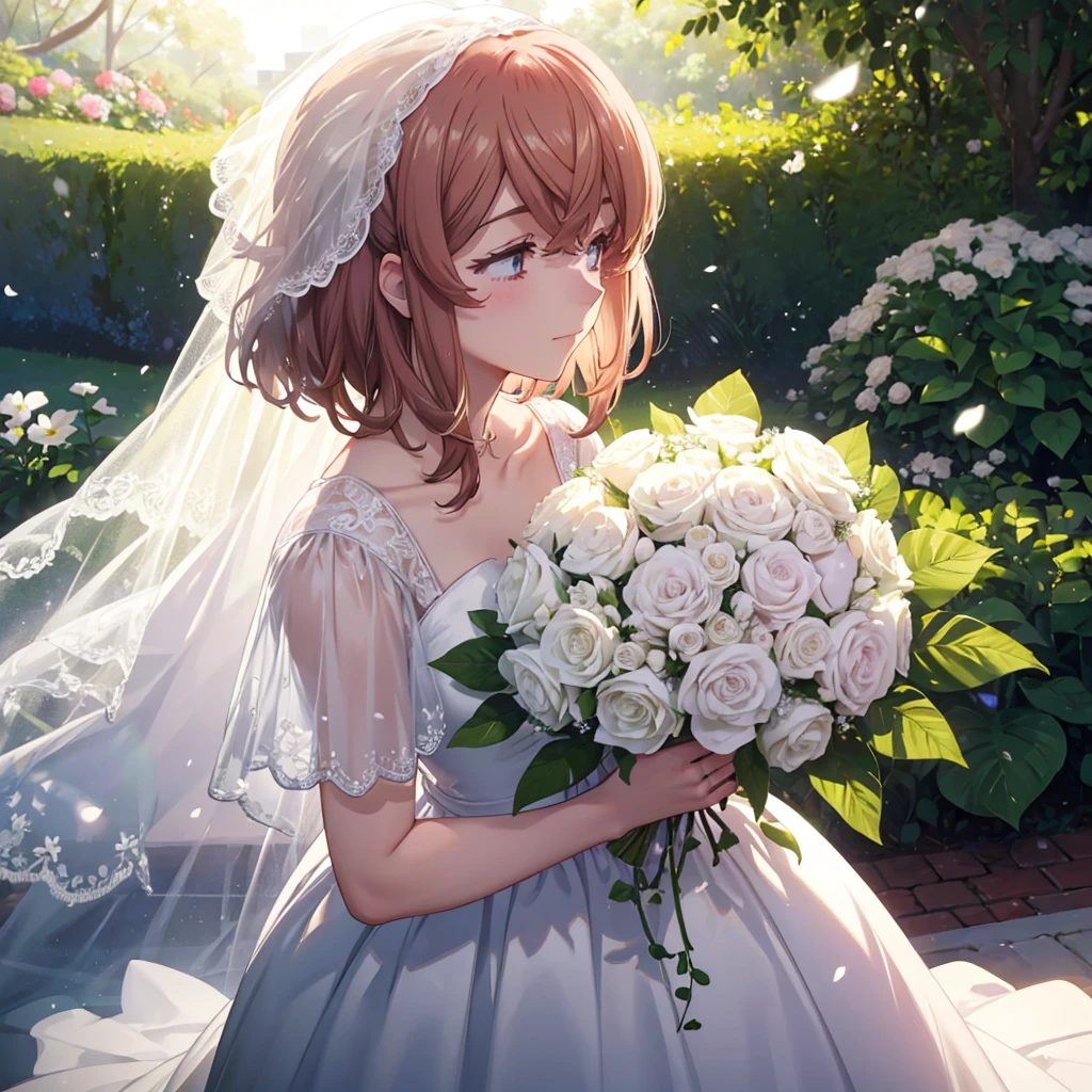 A beautiful bride in a lush garden, white wedding dress, holding bouquet, surrounded by flowers, sunlight, serene expression, elegant pose, soft lighting, photorealistic, intricate detail, cinematic composition, warm color palette