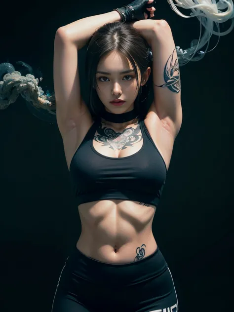 ((top-quality, 8k, masterpiece:1.3)),photorealistic portrait of tattooed girl ,wearing detailed sports bra and leggings, emphasi...