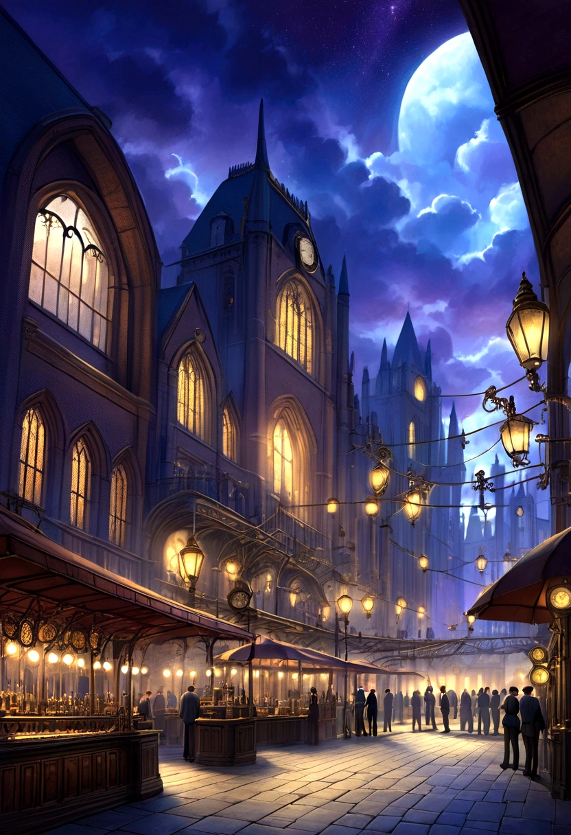 fantasy art, ultra wide shot, realistic, detailed, deviant art, contest winner, concept art, Tim Hildebrandt, fantasy, ((((Steampunk City))))), evening, dreamy realism, Art Station, Adrian Everson's style, cinematic stills rather than aesthetic architecture, Greg Rutkowski, creating a landscape reminiscent of the film "Deadly Magic", Kings Cross Station, London, UK, Using exquisite detail and dynamic design, the illustration captures the awe and confusion evoked by the film "Deadly Magic".