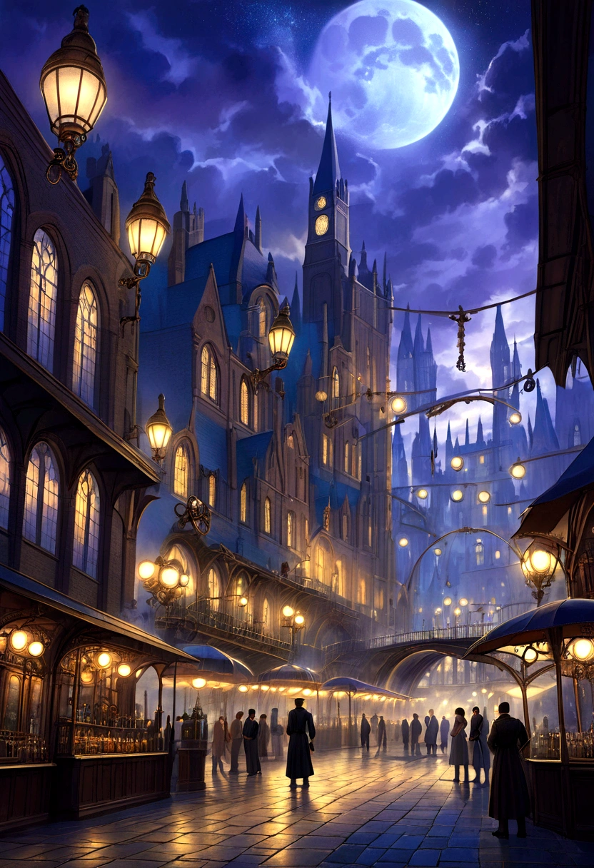 fantasy art, ultra wide shot, realistic, detailed, deviant art, contest winner, concept art, Tim Hildebrandt, fantasy, ((((Steampunk City))))), evening, dreamy realism, Art Station, Adrian Everson's style, cinematic stills rather than aesthetic architecture, Greg Rutkowski, creating a landscape reminiscent of the film "Deadly Magic", Kings Cross Station, London, UK, Using exquisite detail and dynamic design, the illustration captures the awe and confusion evoked by the film "Deadly Magic".