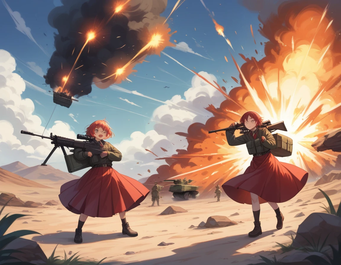 Small breasts、A platoon of girls in bright red military uniforms and long red skirts、Red military uniform and red long skirt、Panty shot、Cute snow-white underwear、garter belt、A pair of girl platoon leaders and soldiers equipped with two assault rifles、desert、Black powder explosion on the ground behind、Big Explosion、A big uproar、Destroy a Tank