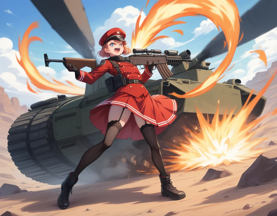 Small breasts、A platoon of girls in bright red military uniforms and long red skirts、Red military uniform and red long skirt、Panty shot、Cute snow-white underwear、garter belt、A pair of girl platoon leaders and soldiers equipped with two assault rifles、desert、Black powder explosion on the ground behind、Big Explosion、A big uproar、Destroy a Tank