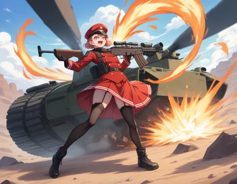 small breasts、a platoon of girls in bright red military uniforms and long red skirts、red military uniform and red long skirt、pan...