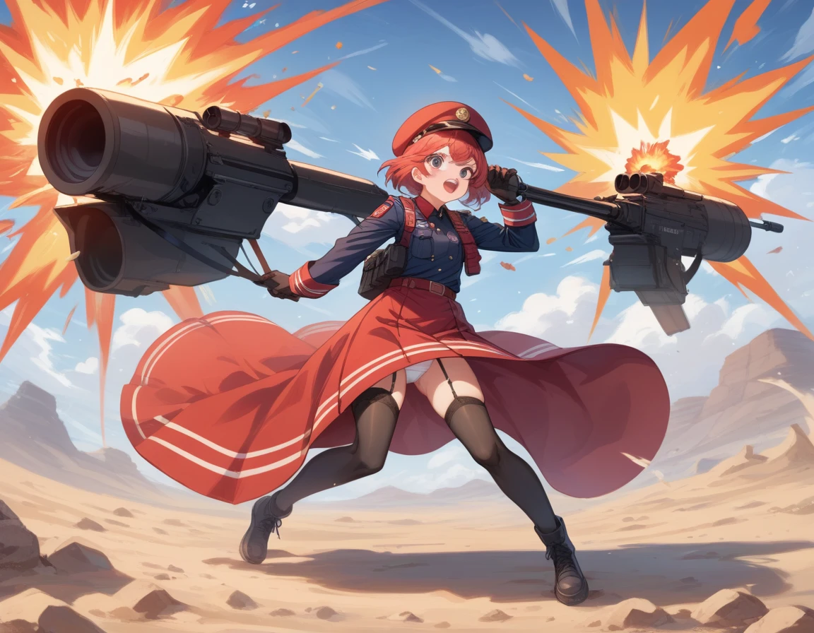 Small breasts、A platoon of girls in bright red military uniforms and long red skirts、Red military uniform and red long skirt、Panty shot、Cute snow-white underwear、garter belt、A pair of girl platoon leaders and soldiers equipped with two assault rifles、desert、Black powder explosion on the ground behind、Big Explosion、A big uproar、Destroy a Tank