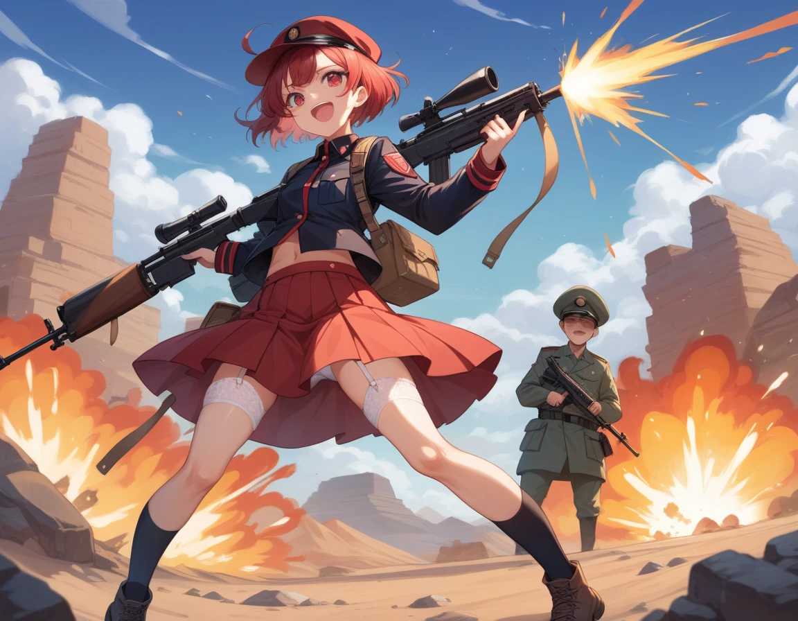 Small breasts、A platoon of girls in bright red military uniforms and long red skirts、Red military uniform and red long skirt、Panty shot、Cute snow-white underwear、garter belt、A pair of girl platoon leaders and soldiers equipped with two assault rifles、desert、Black powder explosion on the ground behind、Big Explosion、A big uproar、Destroy a Tank