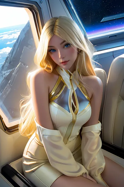 A blond young sexy woman with hair and hot clothes sits on a seat in a spaceship and the window can show beautiful staras