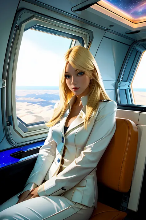 A blond young sexy woman with hair and hot clothes sits on a seat in a spaceship and the window can show beautiful staras