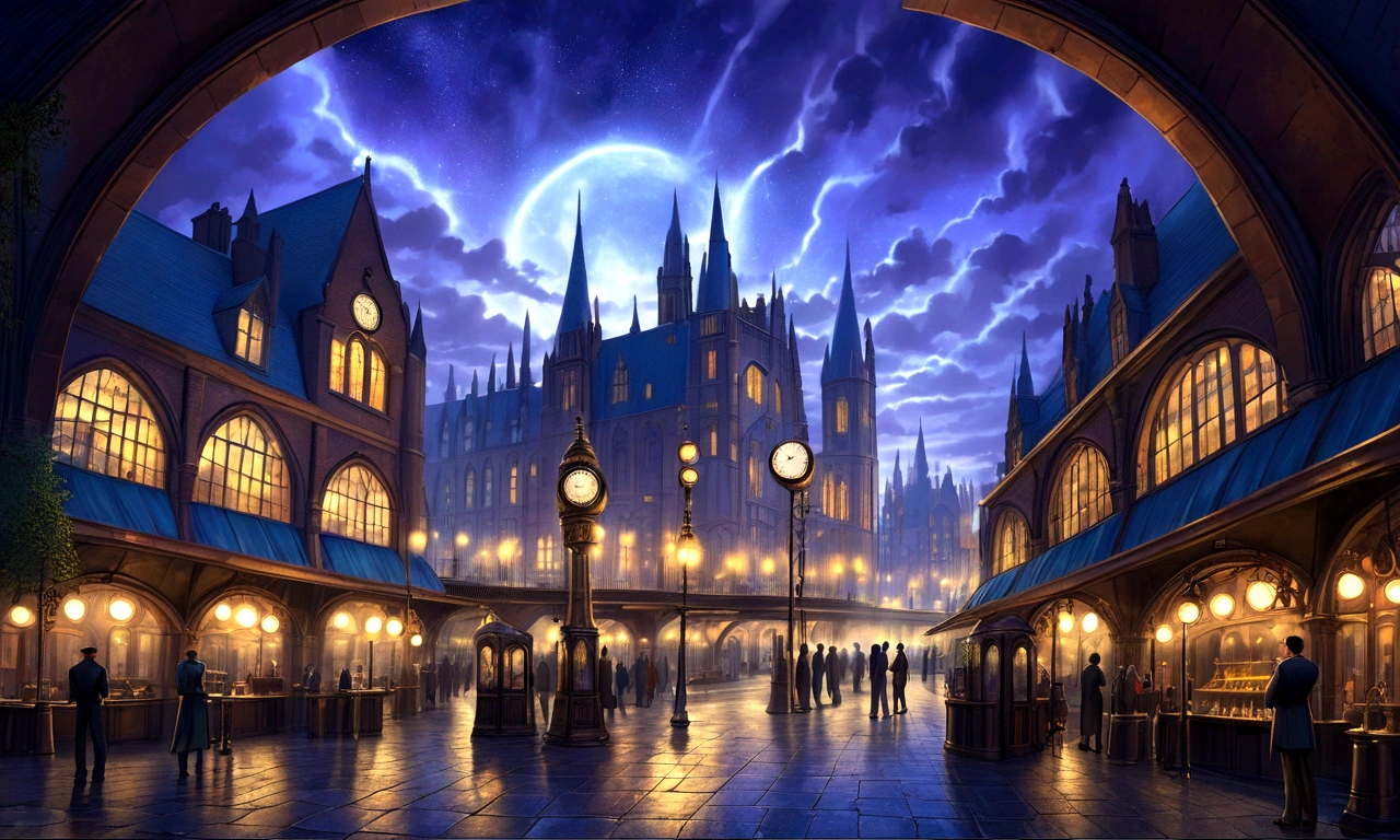 fantasy art, ultra wide shot, realistic, detailed, deviant art, contest winner, concept art, Tim Hildebrandt, fantasy, ((((Steampunk City))))), evening, dreamy realism, Art Station, Adrian Everson's style, cinematic stills rather than aesthetic architecture, Greg Rutkowski, creating a landscape reminiscent of the film "Deadly Magic", Kings Cross Station, London, UK, Using exquisite detail and dynamic design, the illustration captures the awe and confusion evoked by the film "Deadly Magic".