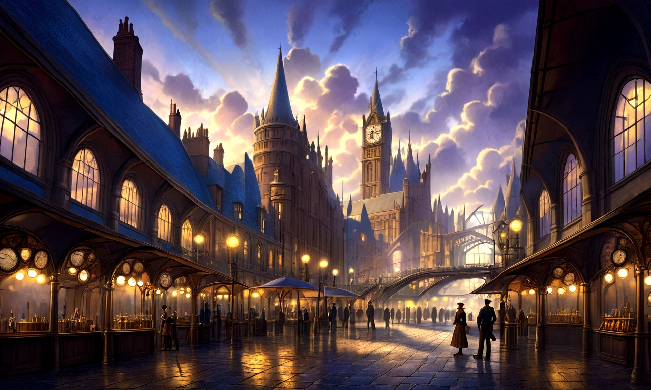 fantasy art, ultra wide shot, realistic, detailed, deviant art, contest winner, concept art, Tim Hildebrandt, fantasy, ((((Steampunk City))))), evening, dreamy realism, Art Station, Adrian Everson's style, cinematic stills rather than aesthetic architecture, Greg Rutkowski, creating a landscape reminiscent of the film "Deadly Magic", Kings Cross Station, London, UK, Using exquisite detail and dynamic design, the illustration captures the awe and confusion evoked by the film "Deadly Magic".
